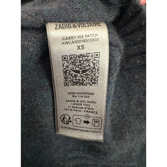 Zadig & Voltaire Cassy WS Patch Zip UP Cashmere Cardigan Sweater Blue XS - Picture 7 of 9